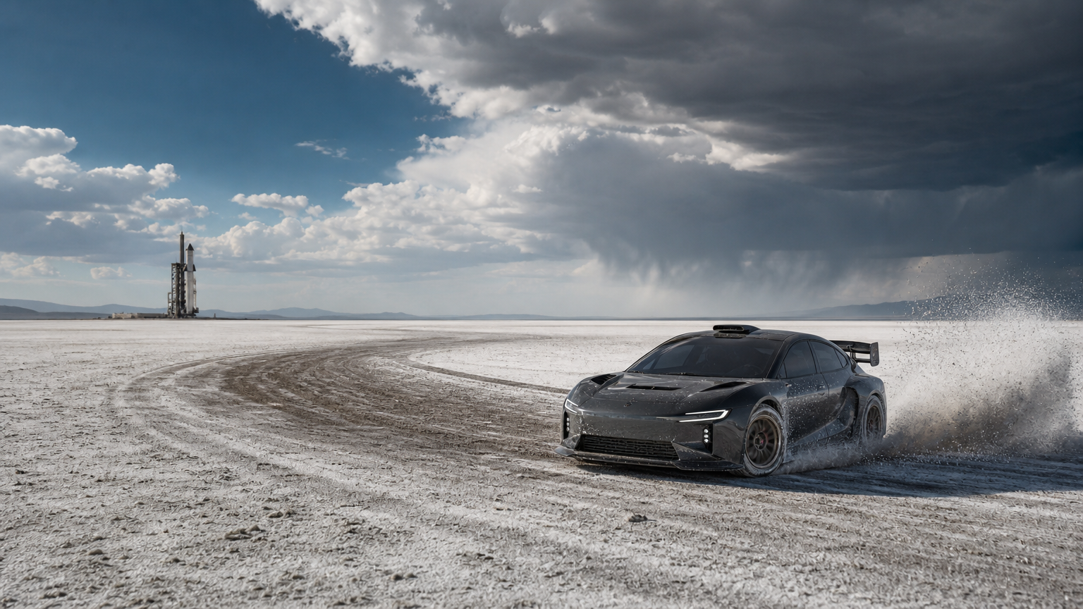 A graphite electric rally car taking a fast turn across a salt desert beneath storm clouds