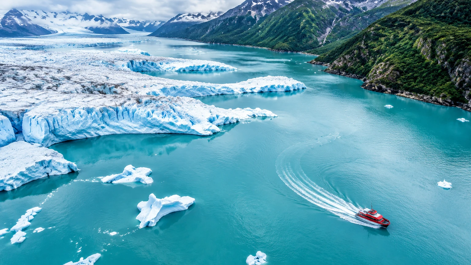 A vermilion expedition yacht traces a curved wake through a turquoise glacial lagoon.