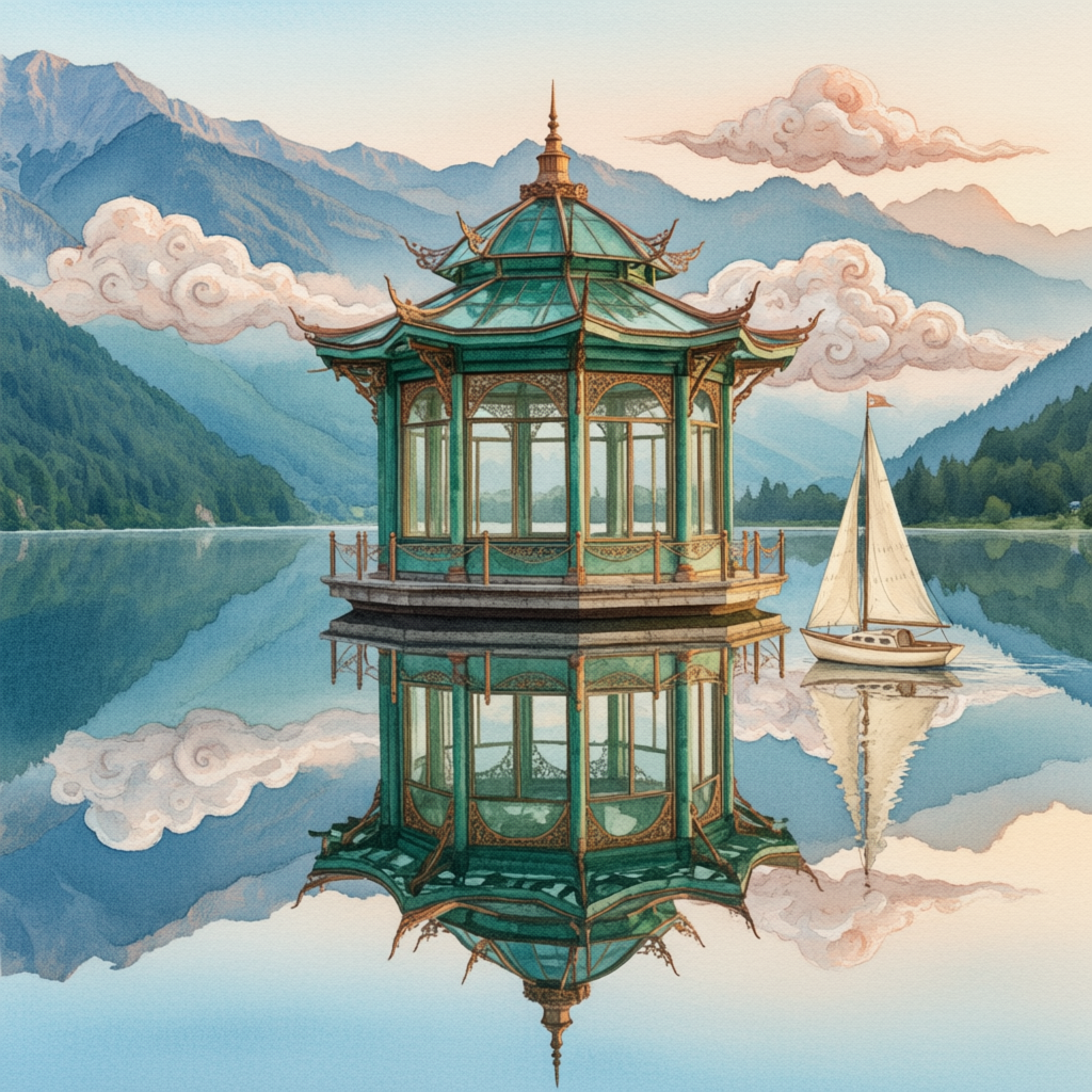 A gouache illustration of a pavilion and sailing boat on a mountain lake