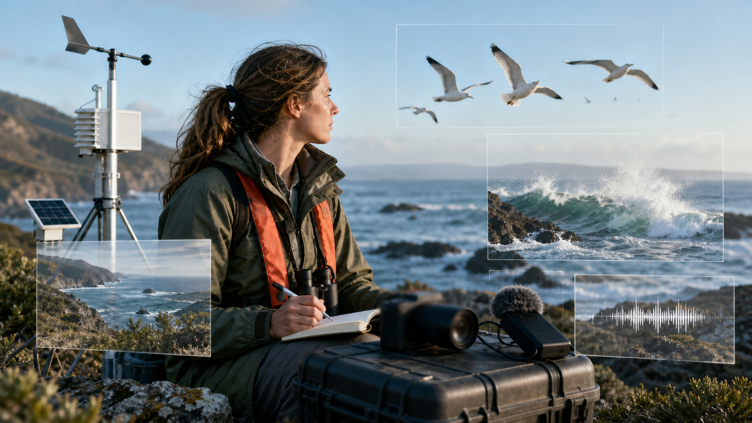 A coastal researcher observing wind, waves, birds, camera gear, and audio equipment