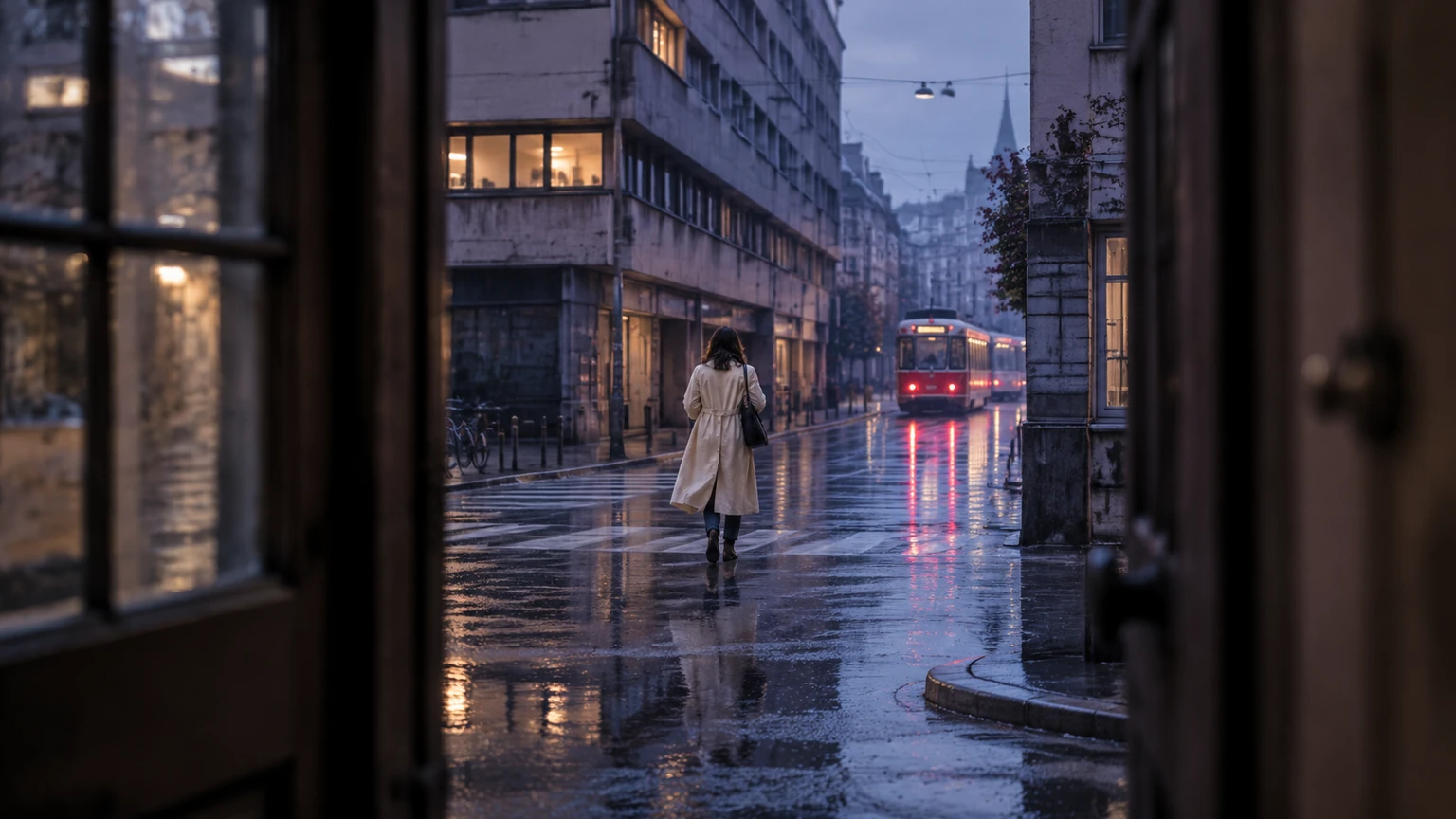 A person in a cream raincoat crosses a reflective city street near a distant red tram at blue hour.