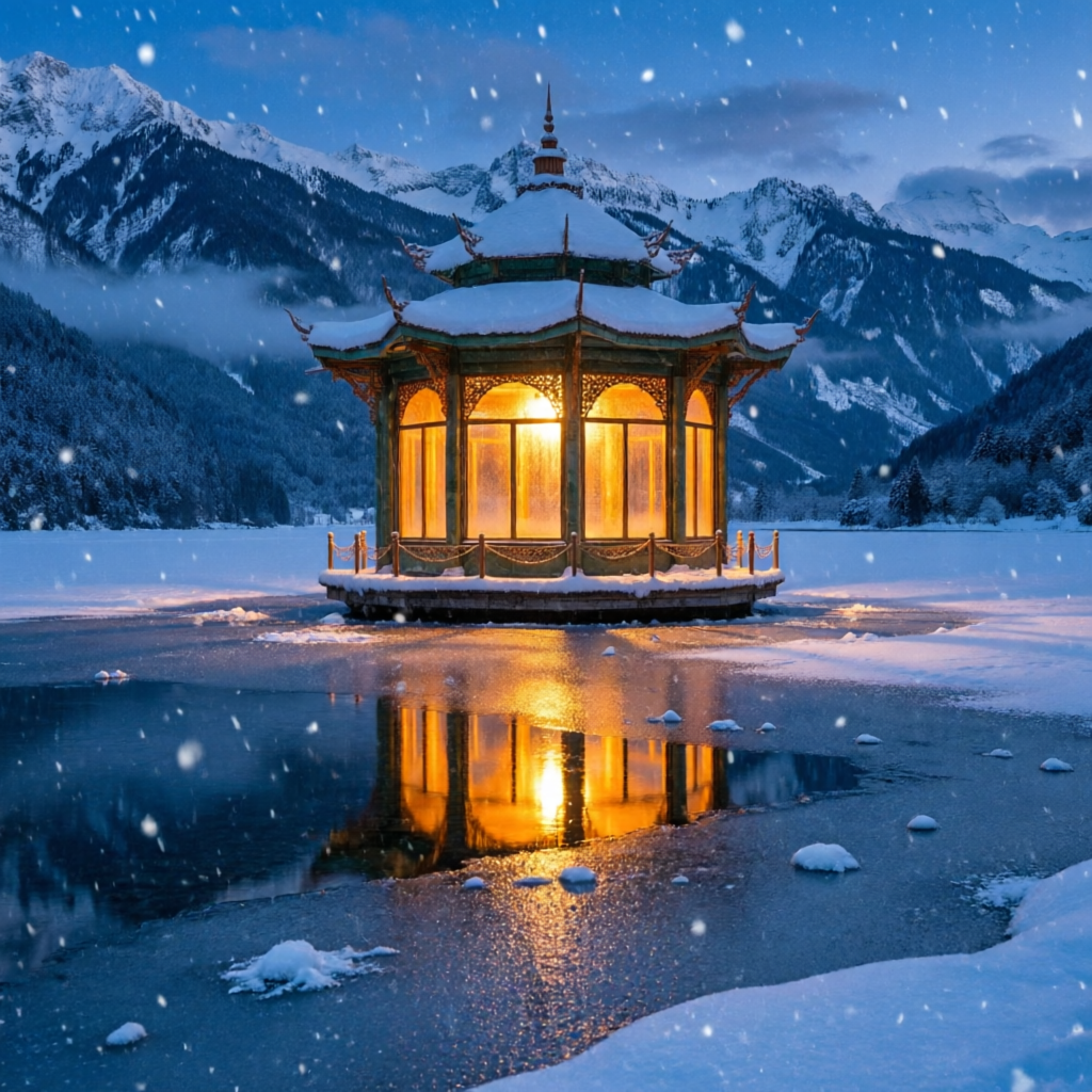 An amber lantern house in a snow-covered alpine valley