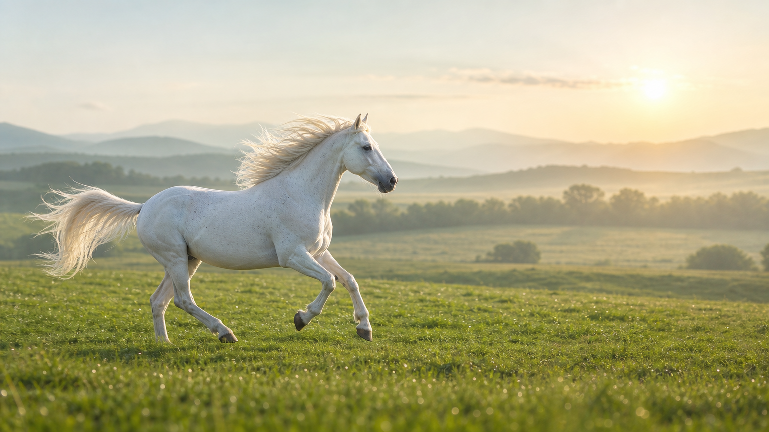A white horse running forward across misty grassland at dawn