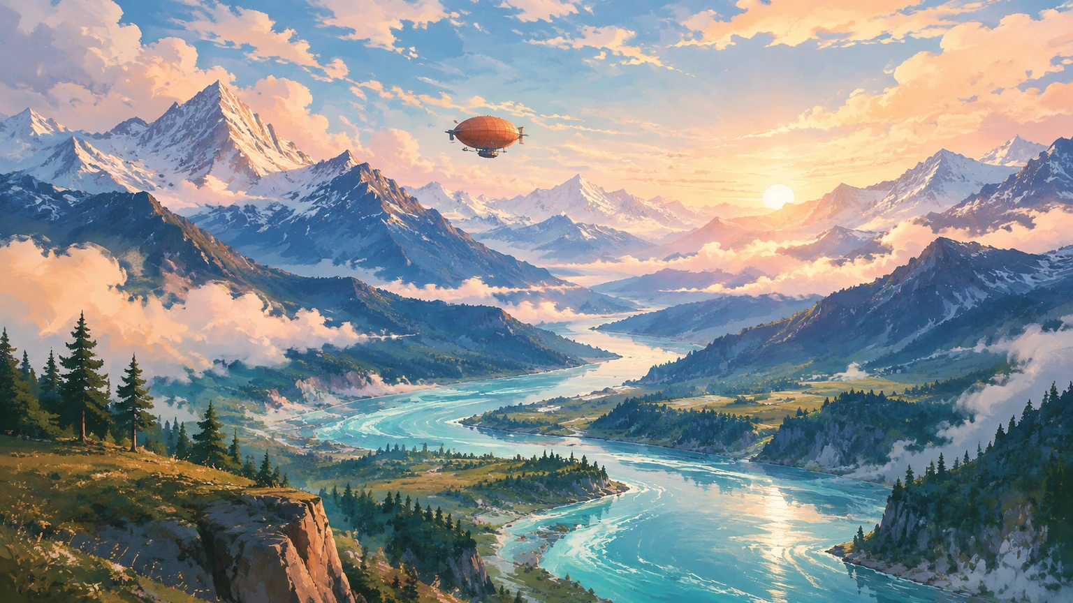 A hand-painted alpine valley pairs indigo mountains and a turquoise river with a small orange airship.