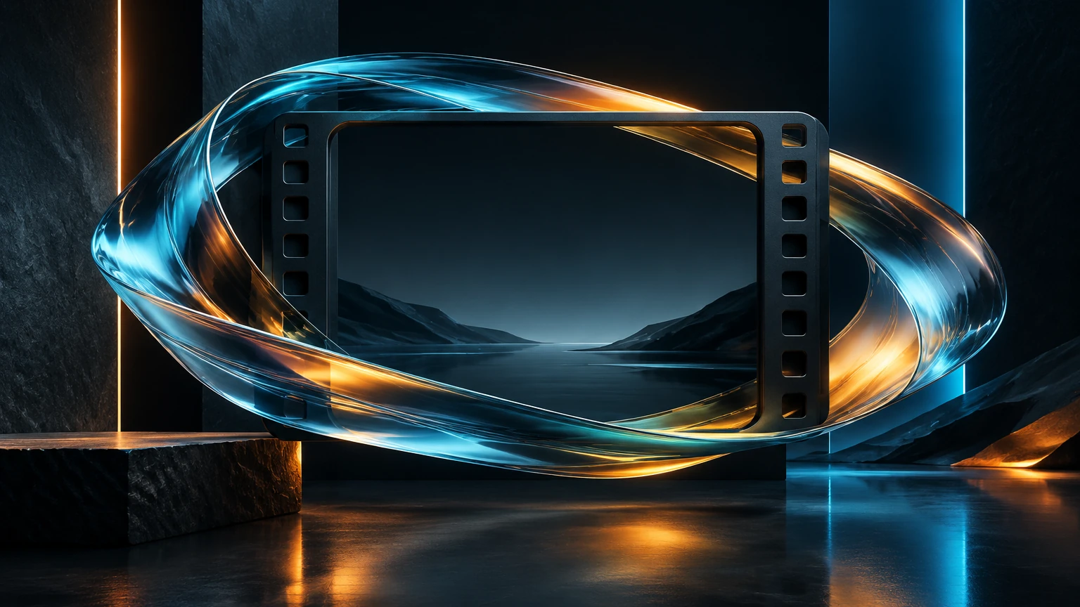 Blue and amber glass ribbons encircle a cinematic frame in a dark architectural gallery.