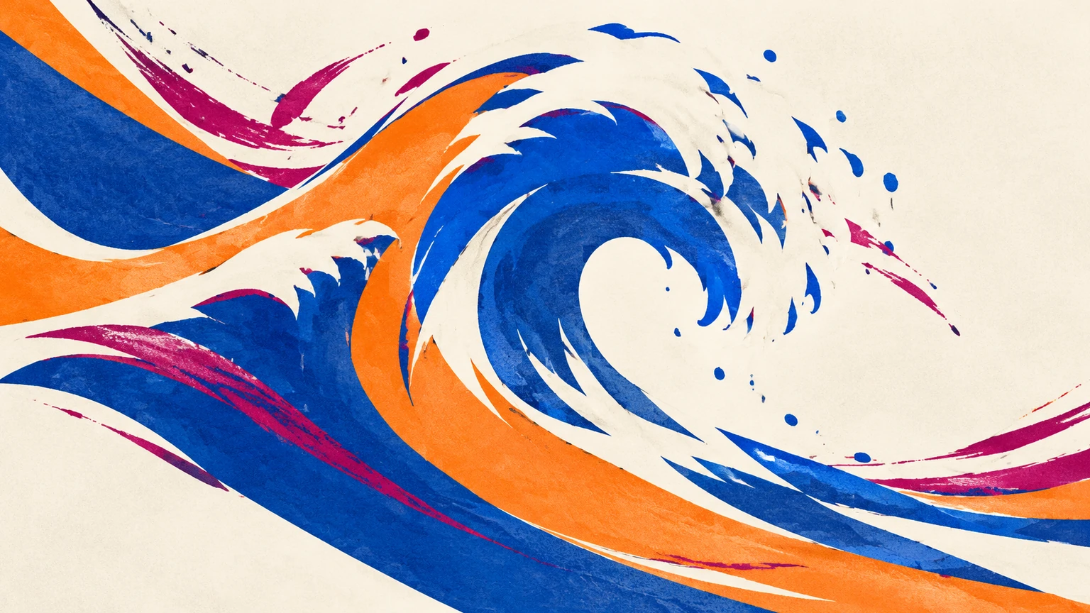 Cobalt and tangerine cut-paper waves form a dynamic diagonal print illustration on warm white.