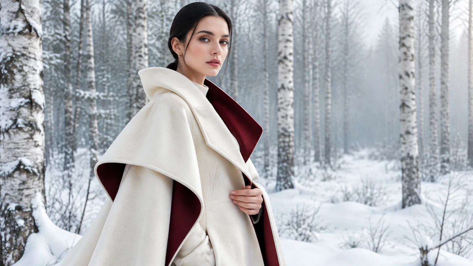 A fashion model wears sculptural ivory and burgundy couture in a snowy birch forest.