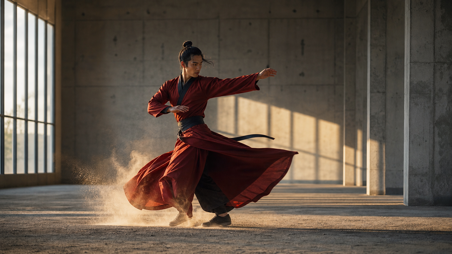 A martial arts performer in red completing a sweeping turn in a modern rehearsal hall