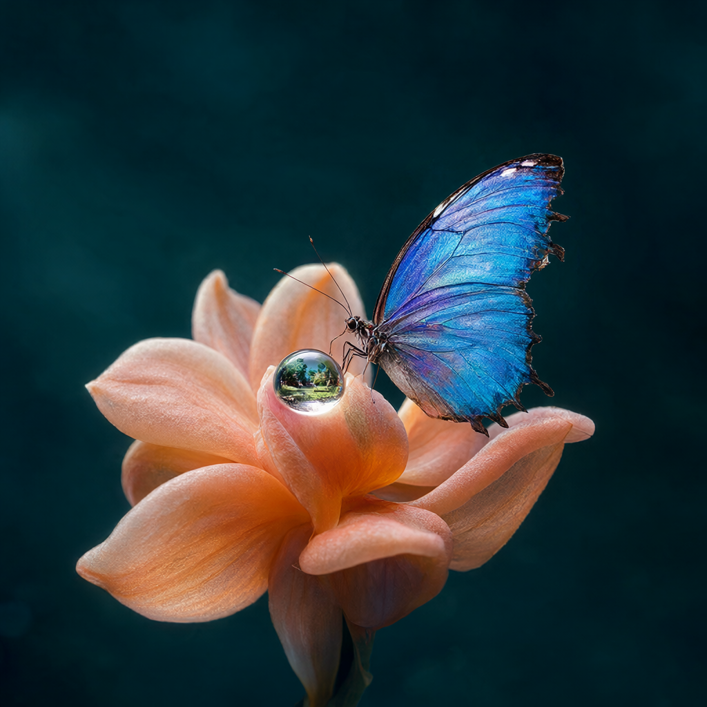 An iridescent blue butterfly on a peach orchid