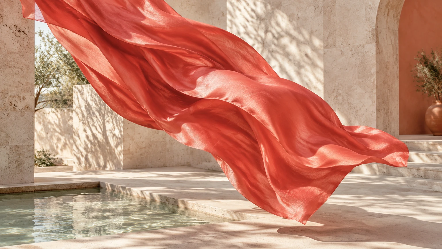 Coral silk billows across a bright travertine courtyard above soft reflected water ripples.