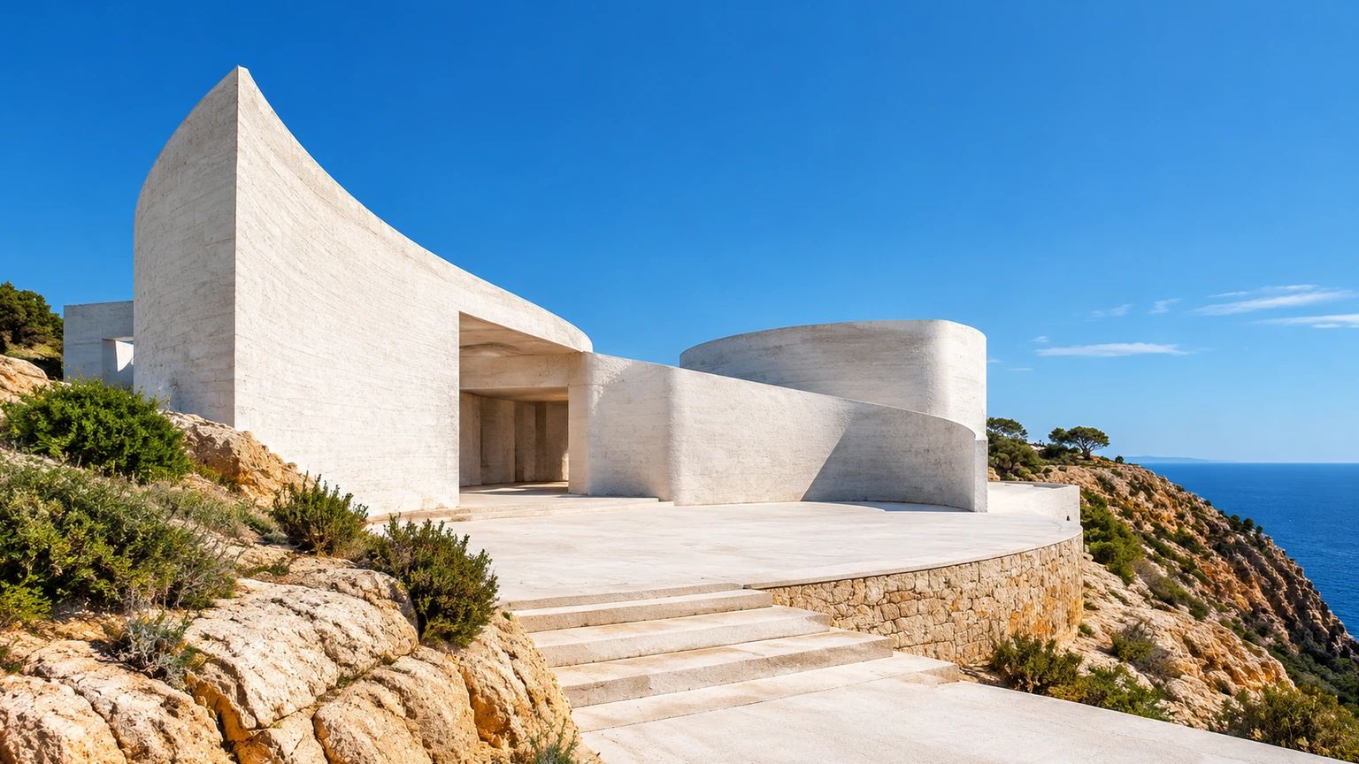 Curved white museum walls cast sharp shadows above ochre cliffs and a cobalt Mediterranean sea.