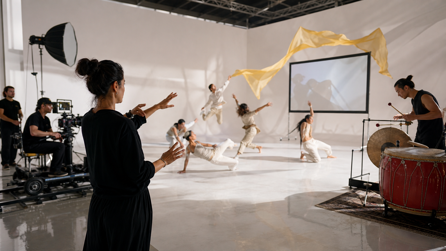 A choreographer coordinating dancers, cameras, fabric projections, and live percussion in a studio