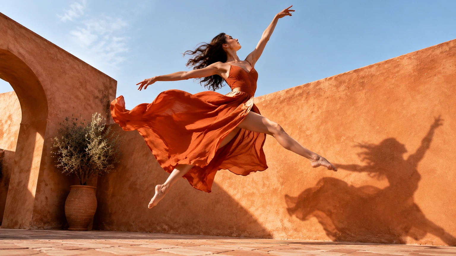 A contemporary dancer in a burnt-orange dress leaps across a sunlit terracotta courtyard.