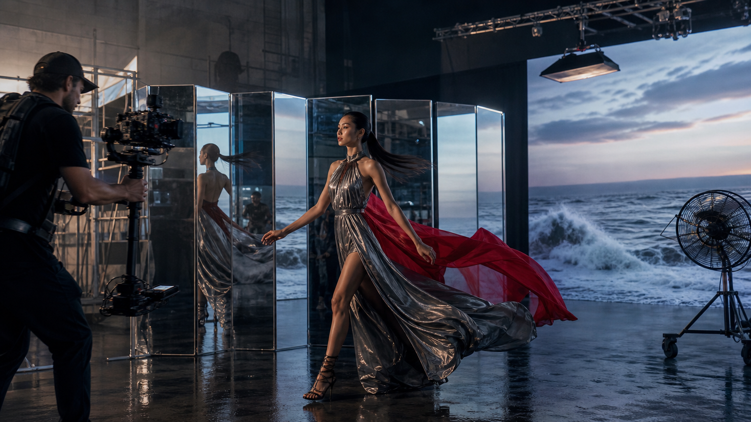 A multimodal film set with a performer, cinema camera, mirror, and projected ocean imagery