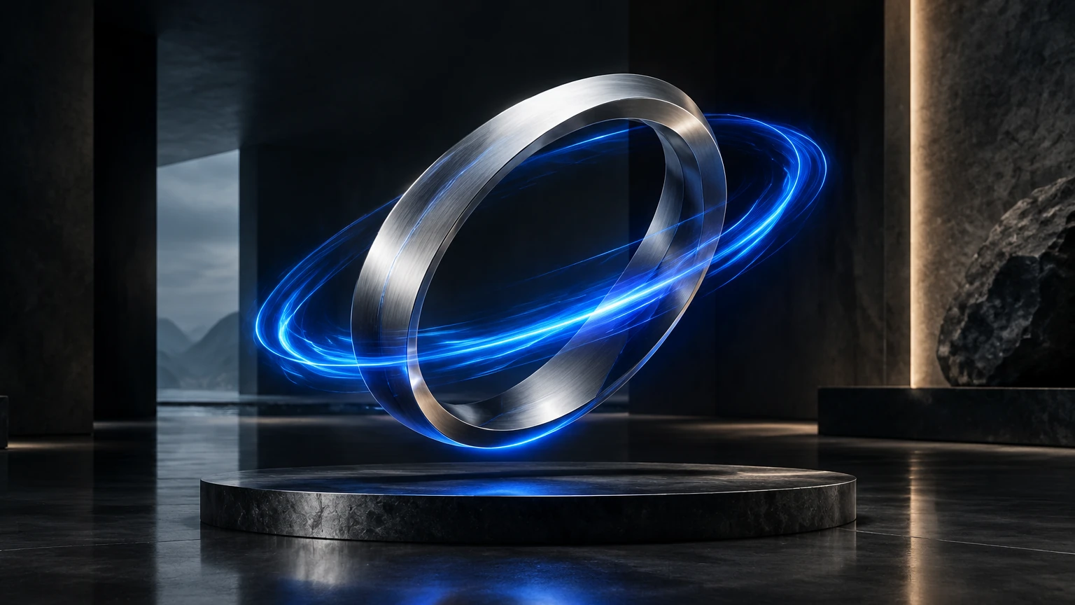 A brushed silver kinetic ring is wrapped in a precise cobalt light trail.