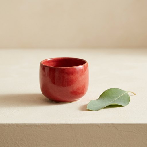 A red ceramic cup beside a green leaf on a cream tabletop under soft daylight