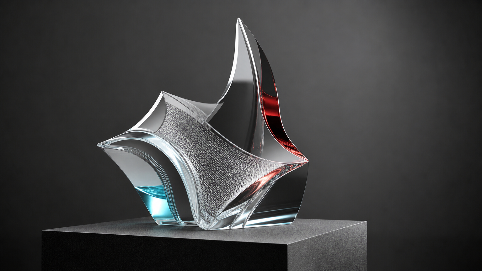 A transparent glass sculpture with red and cyan reflections in a dark studio