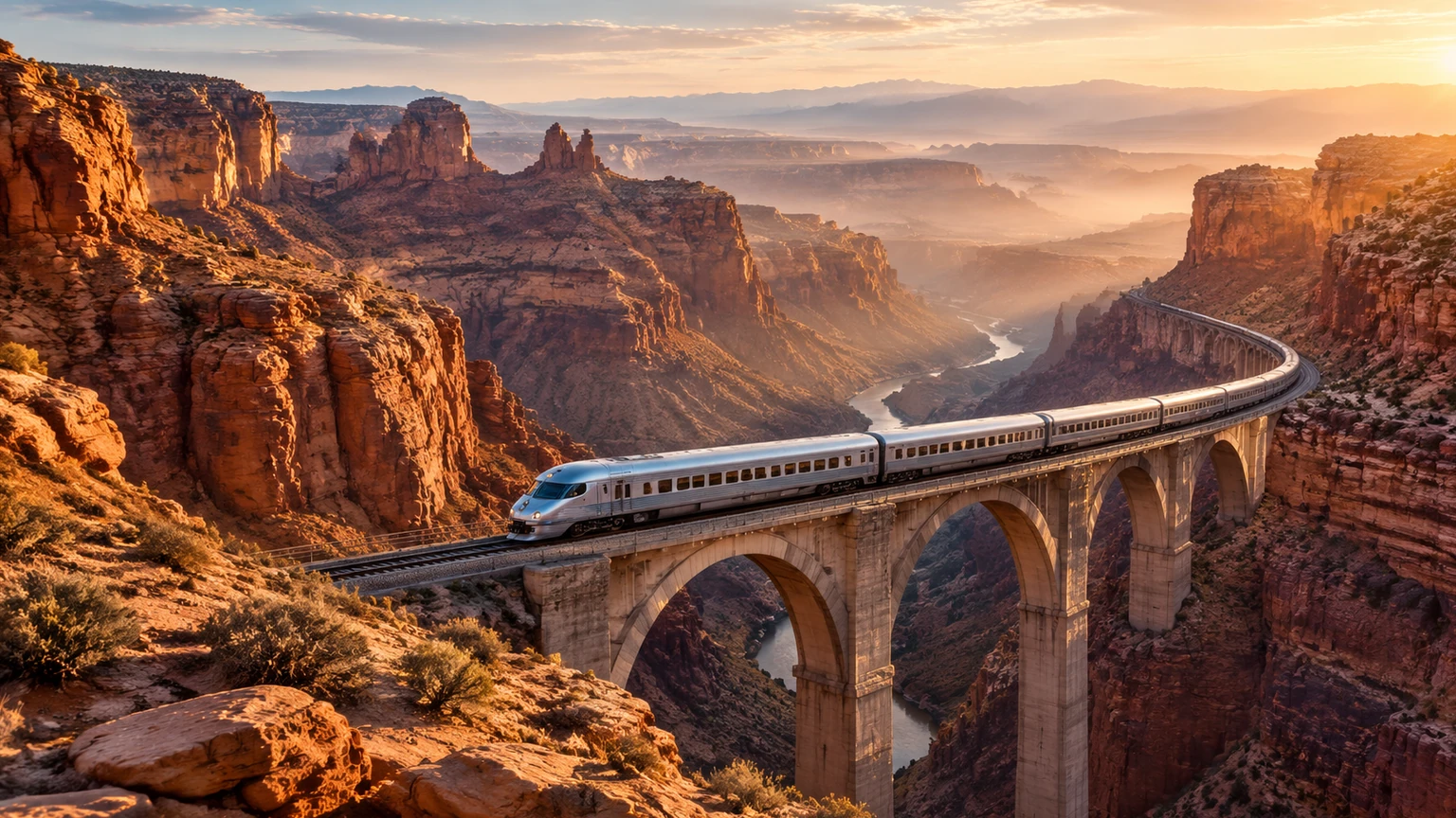 A silver train crosses a sweeping viaduct through terracotta desert canyons at sunrise.