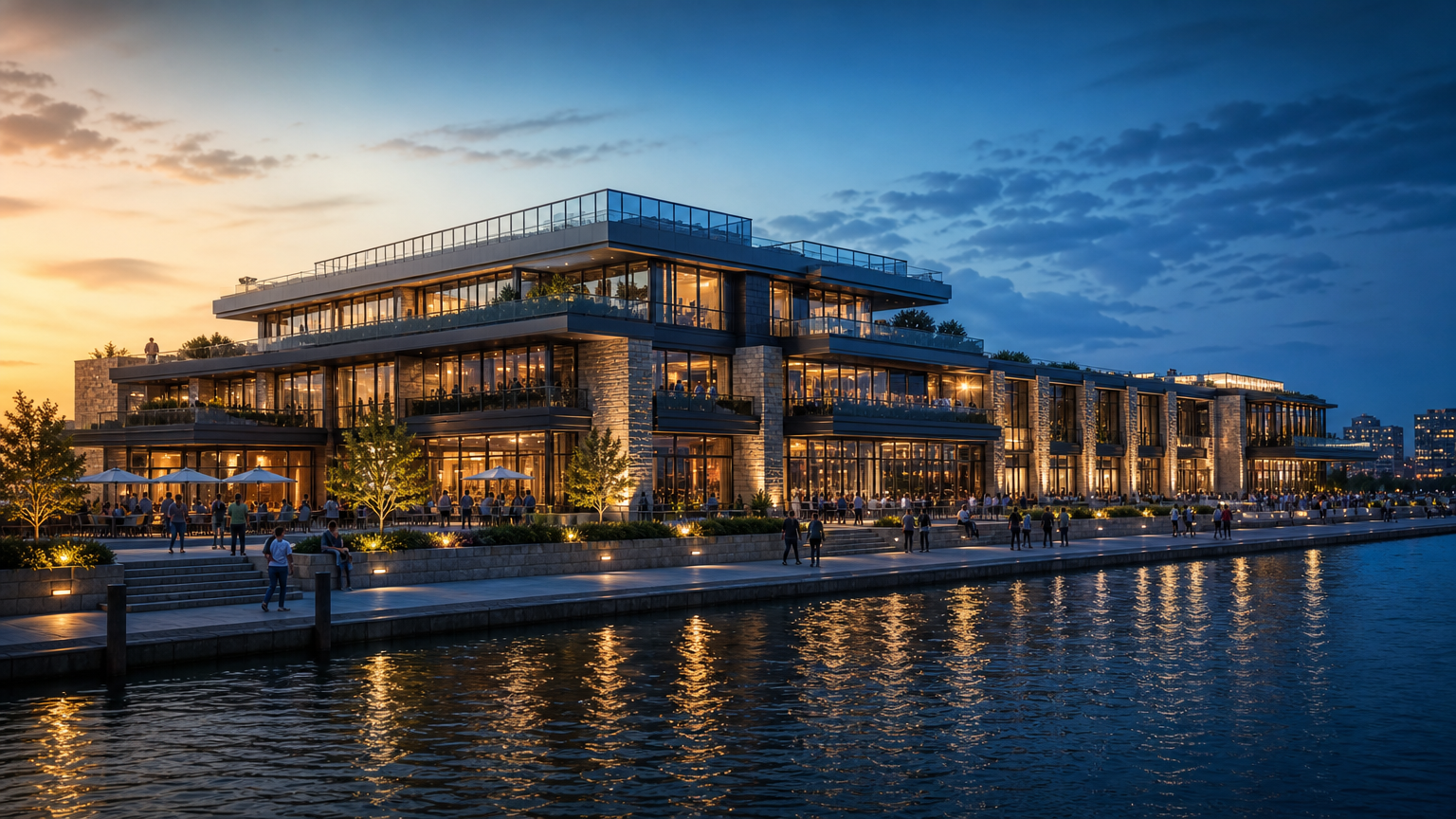 A waterfront building transitioning continuously from afternoon light to a blue-hour night scene