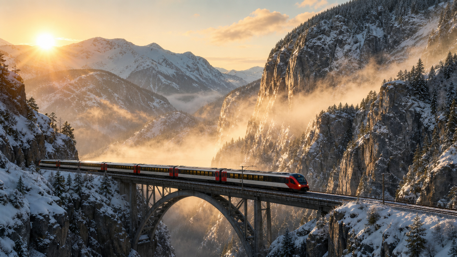 A modern train crossing a high bridge through a snowy mountain valley in morning mist