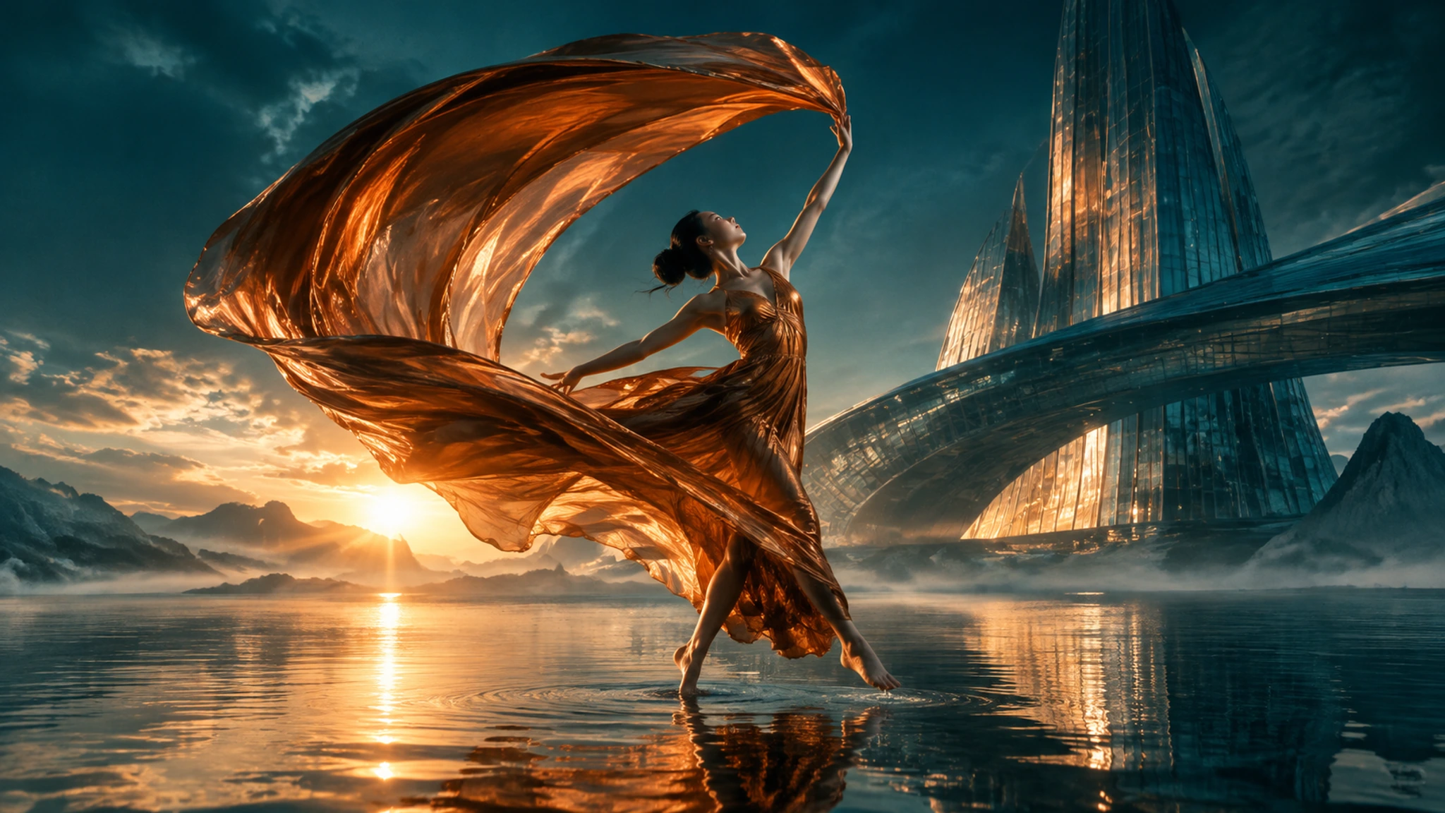 A dancer in flowing copper silk above reflective water and monumental glass architecture