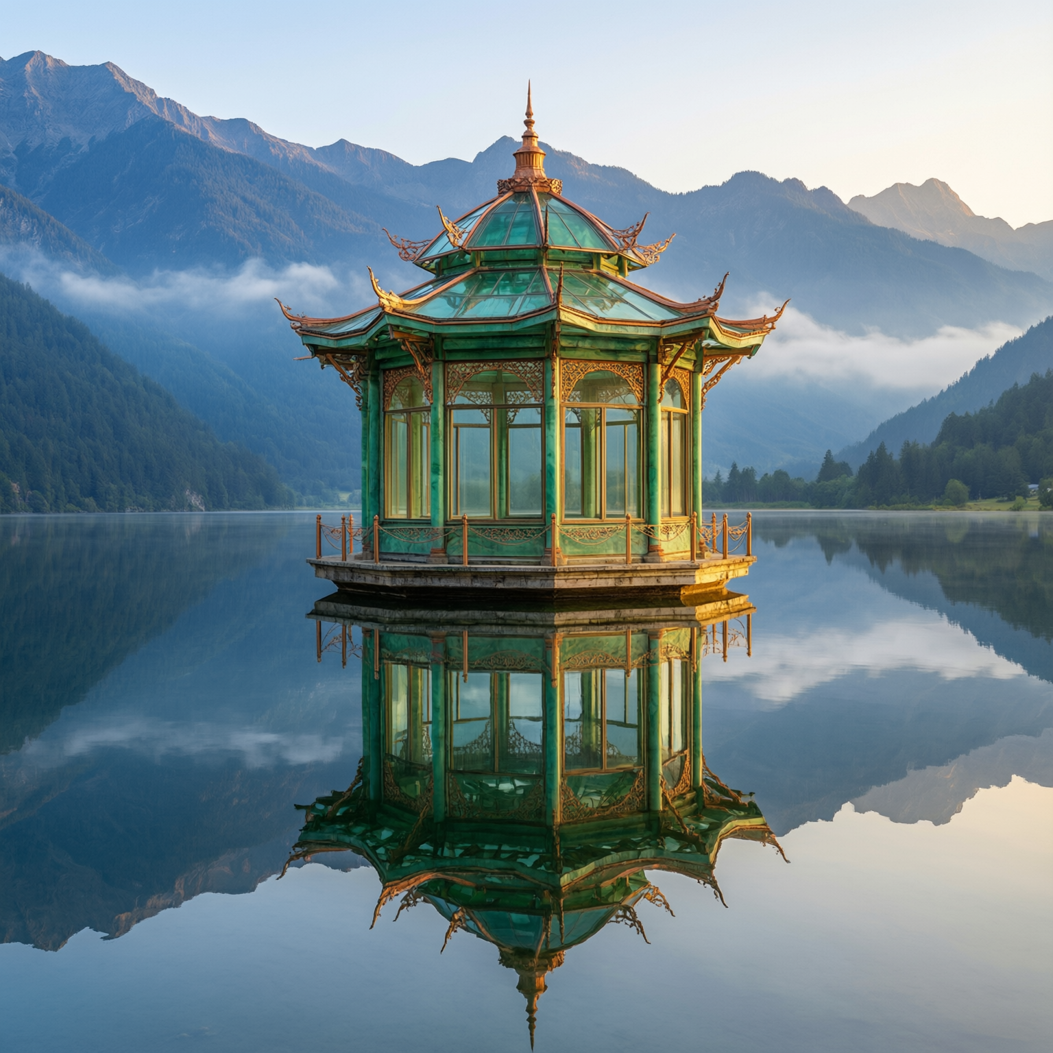 A jade glass pavilion above a mountain lake at dawn