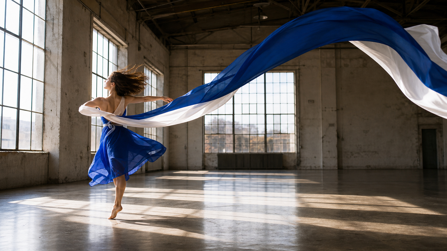 A dancer spinning blue-and-white fabric into a clear arc in a sunlit warehouse