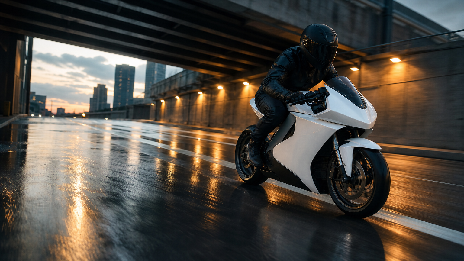 A white electric motorcycle moving quickly beneath an elevated city roadway after rain