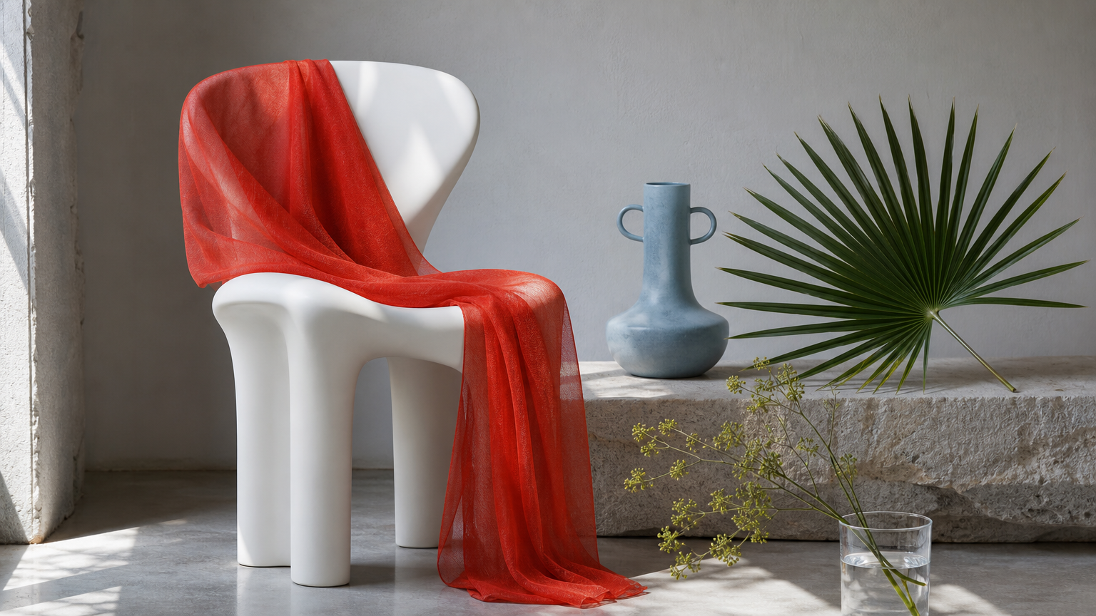 An editorial design still life with a white sculptural chair, red fabric, pottery, and plants