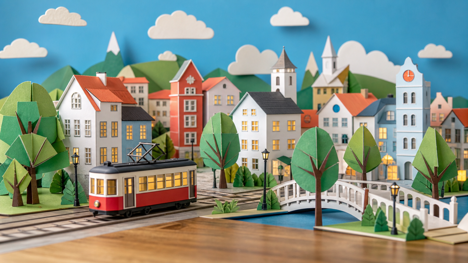 A colorful paper miniature city with a tram, trees, and clouds on a tabletop
