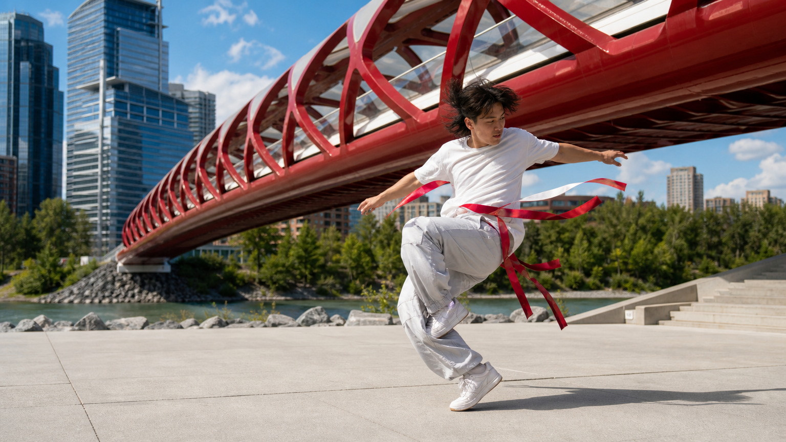 A street dancer spinning quickly beneath a red modern pedestrian bridge