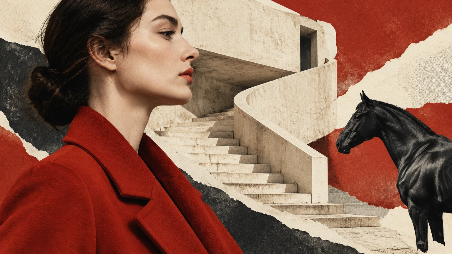 A paper collage combines a woman in a vermilion coat, a cream staircase and a black horse.