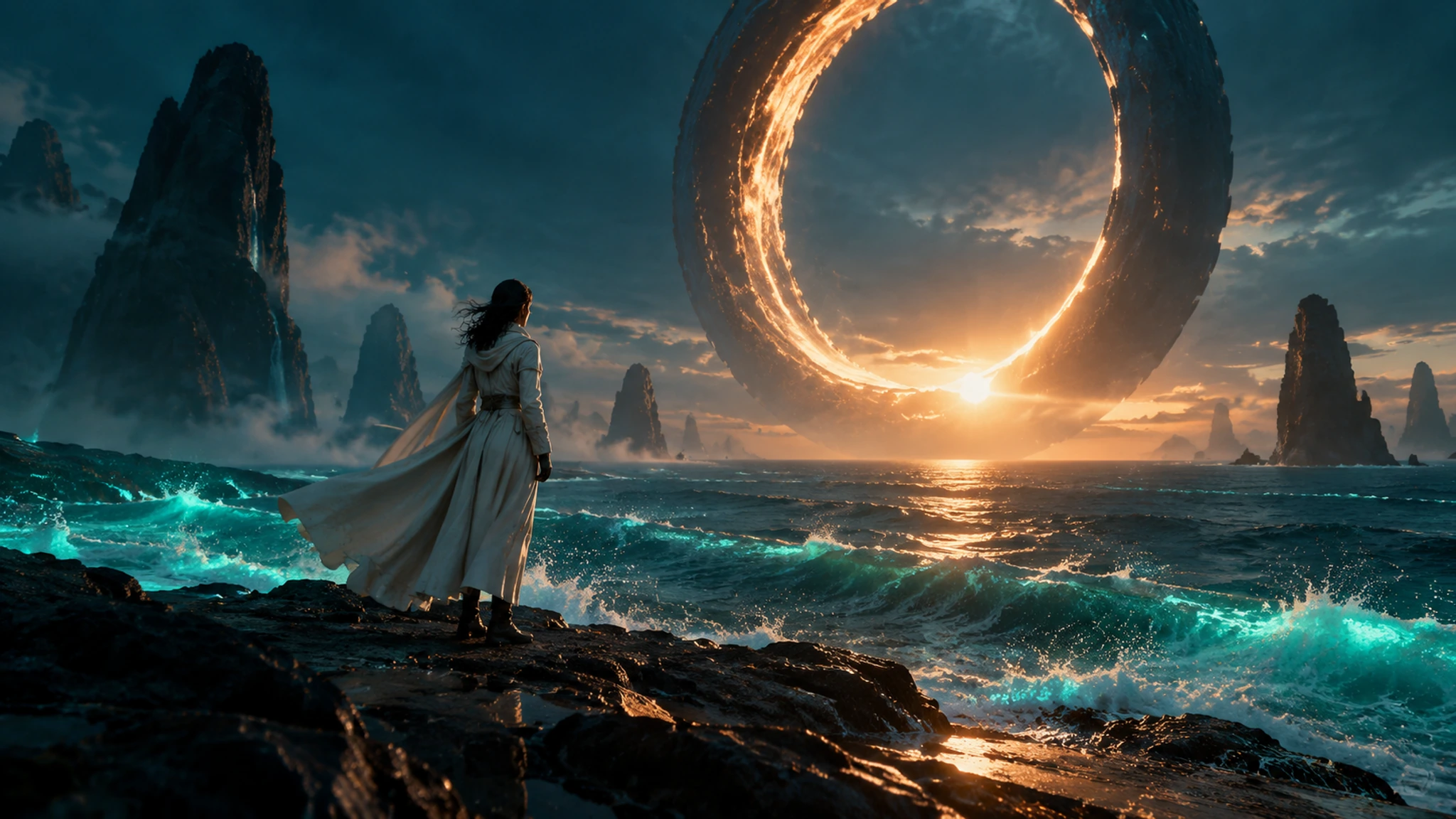 An explorer on a bioluminescent shoreline beneath a monumental celestial ring