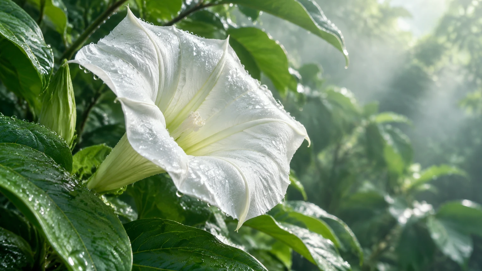 An ivory moonflower unfolds among emerald rainforest leaves and fine morning dew.