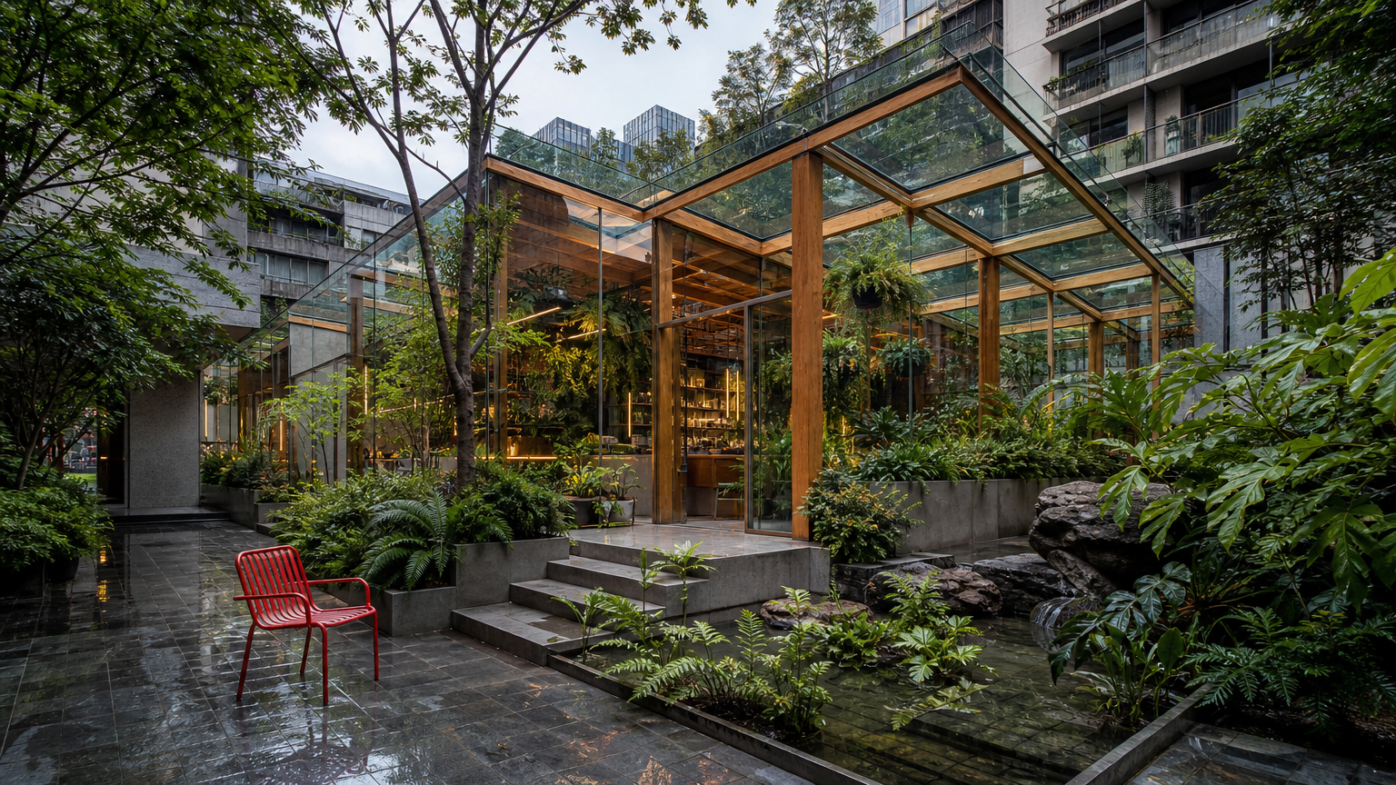 A glass-and-timber botanical pavilion in an urban courtyard after rain