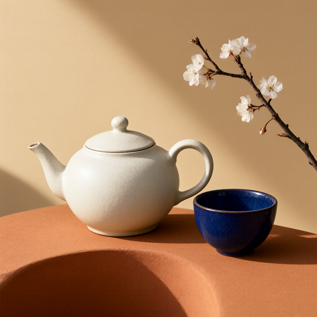 White ceramic teaware and cherry blossoms on terracotta stone