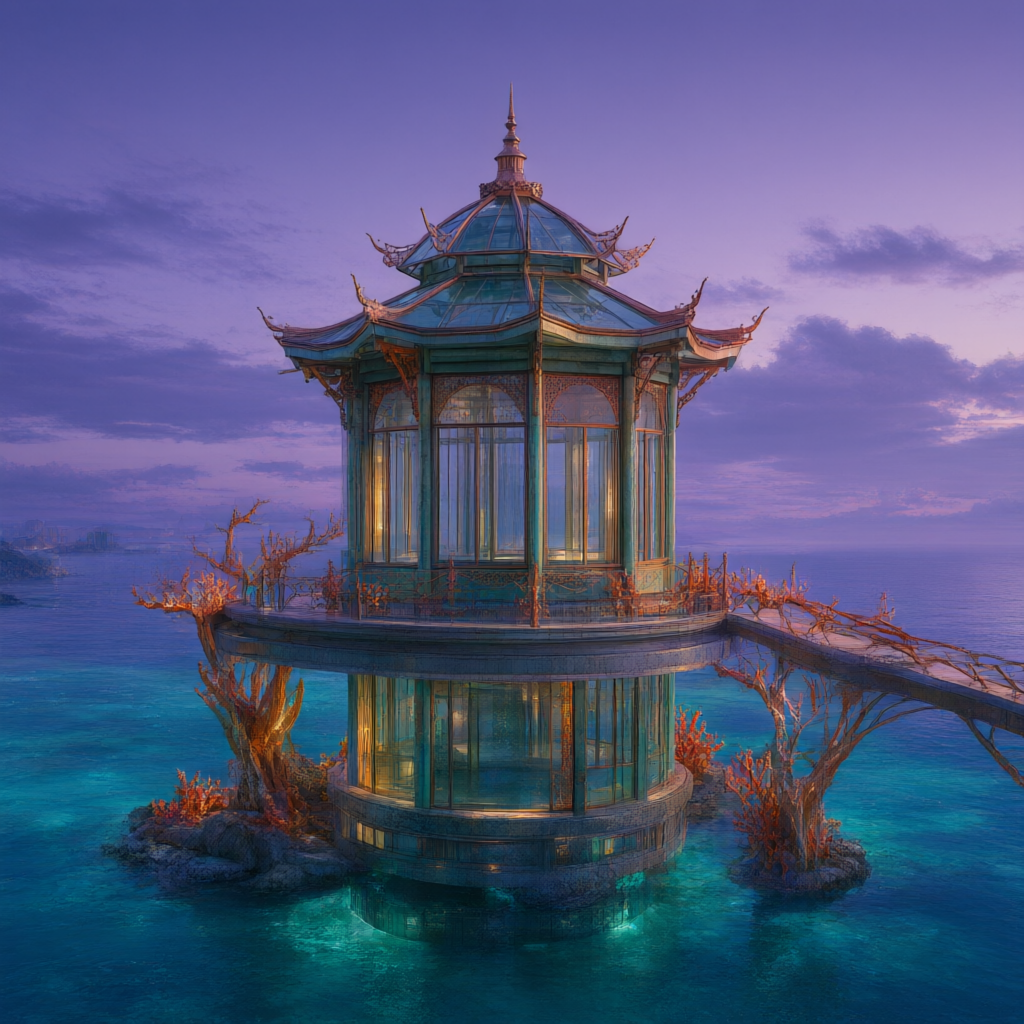 A futuristic observatory above a turquoise ocean