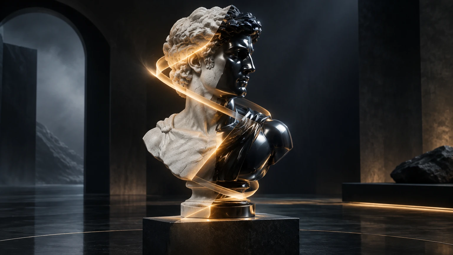 A classical marble bust transitions into black chrome beneath a ribbon of amber light.