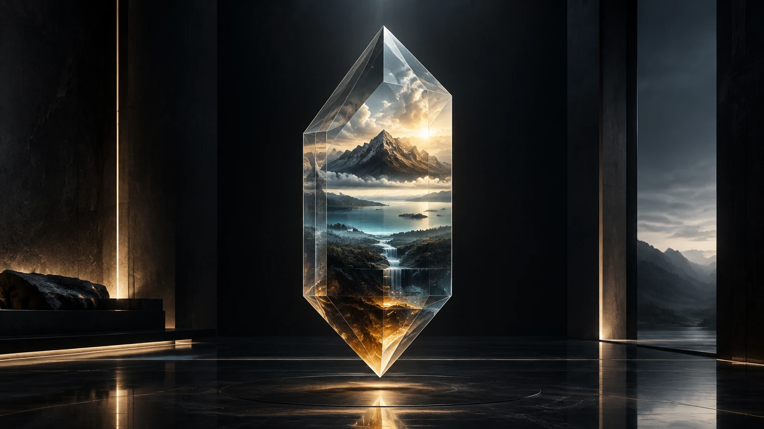 A suspended glass prism contains layered mountain and lake landscapes in a dark gallery.
