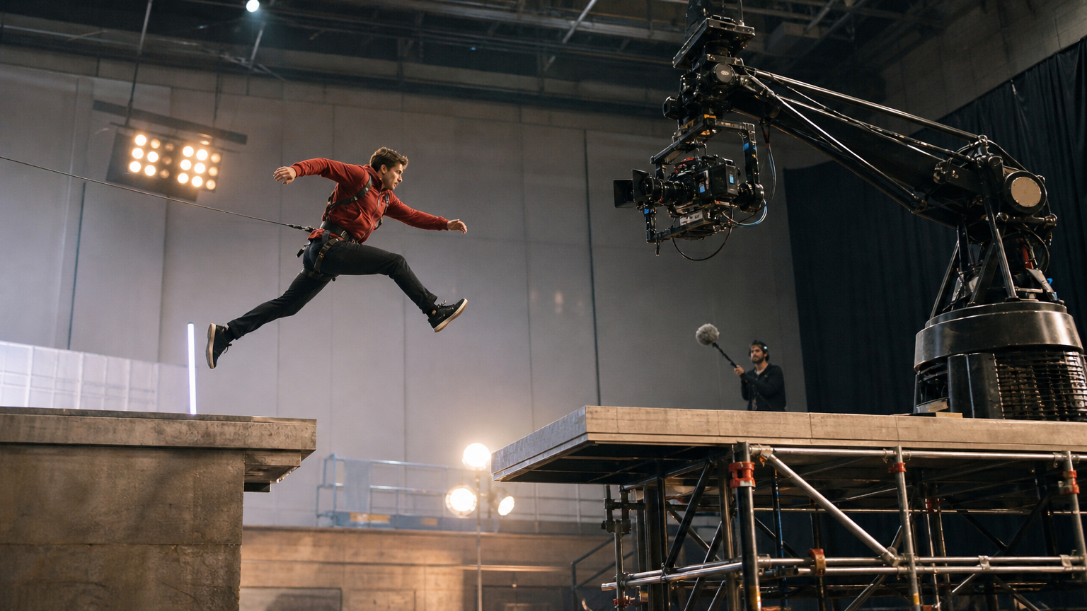 A stunt performer in red tracked by a motion-control camera on a film stage