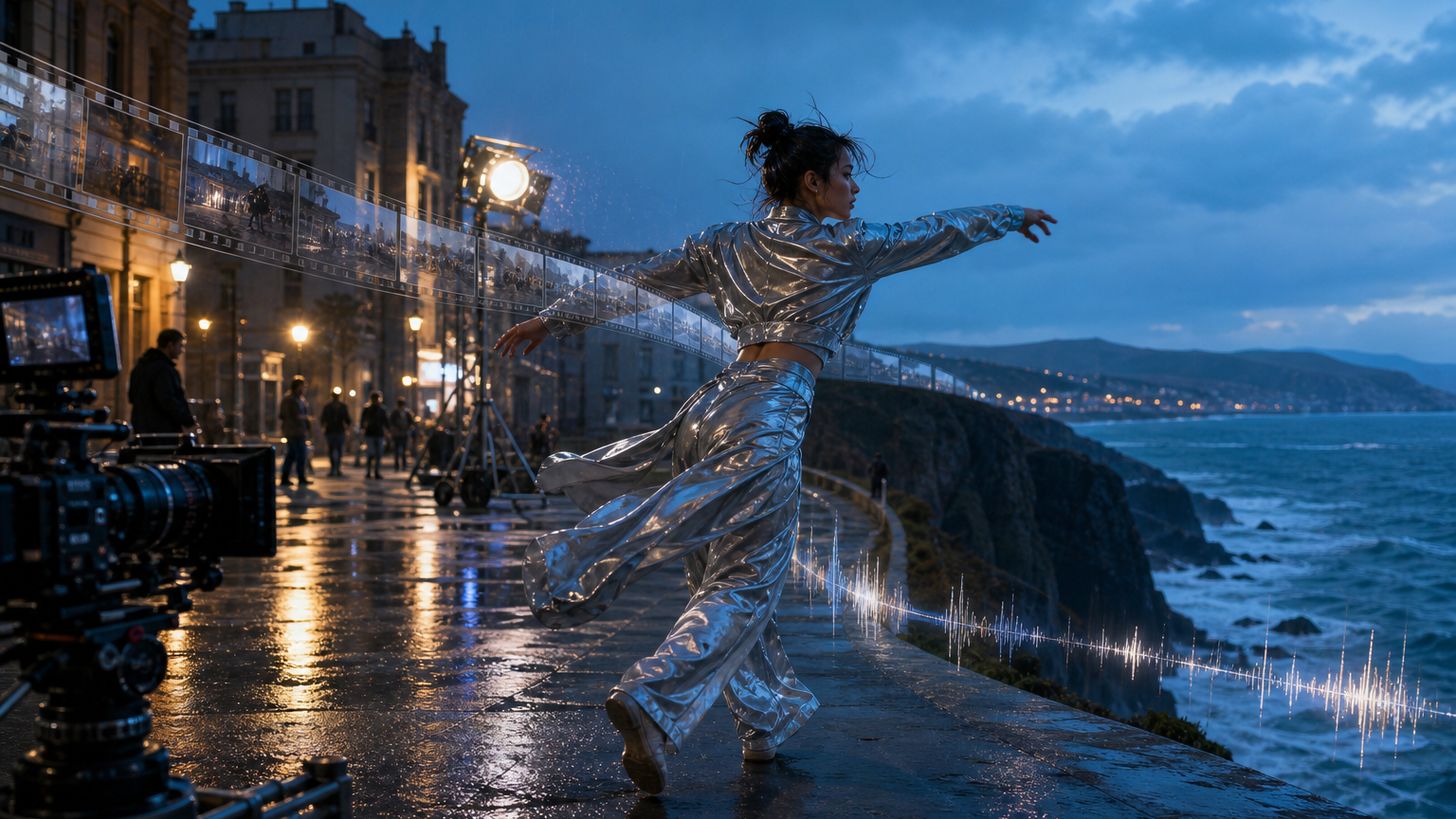 A silver-clad dancer performing on a rain-lit coastal film set with film frames and an audio waveform